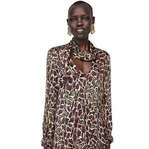 ZARA WMN'S Animal Print Shirt‎ Flowy V-neck Top Blouse S NWOT